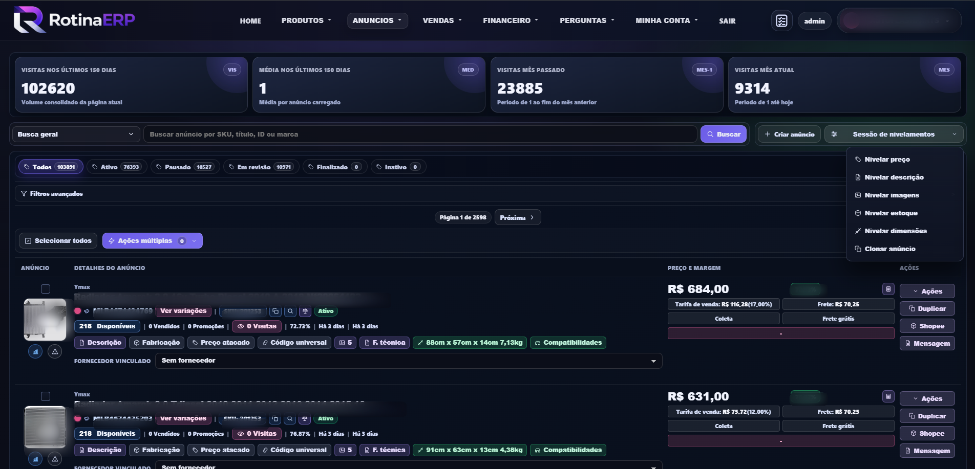 Painel de anúncios e sessão de nivelamento