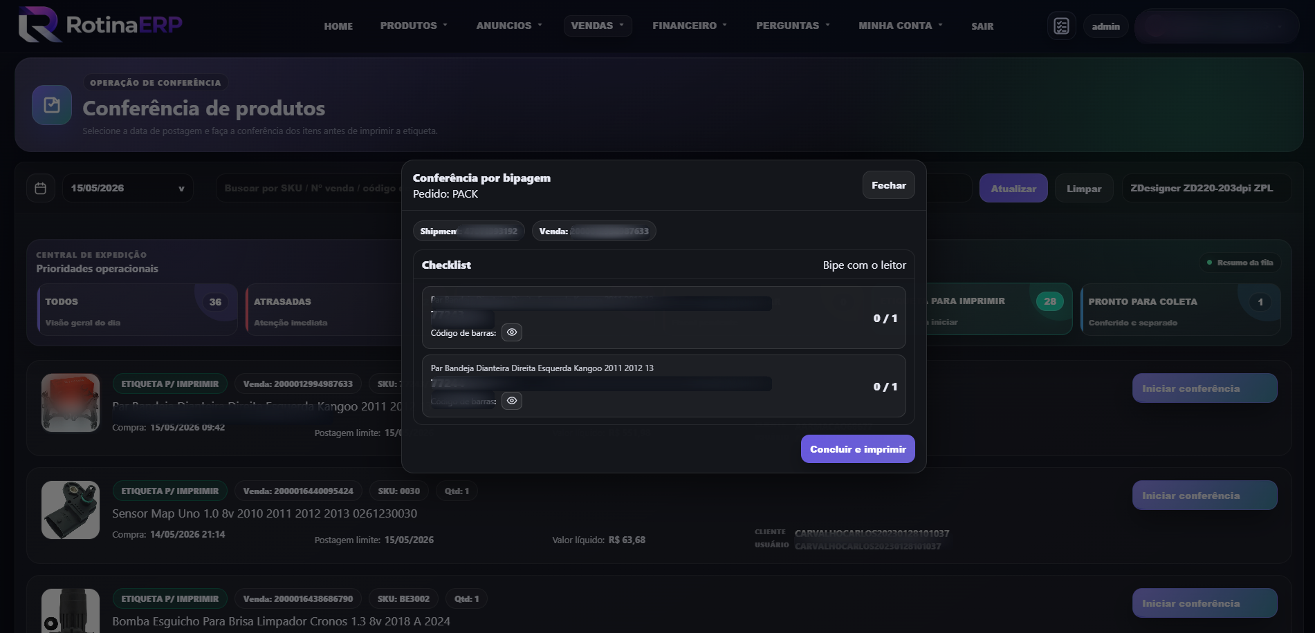 Modal de conferência por código de barras
